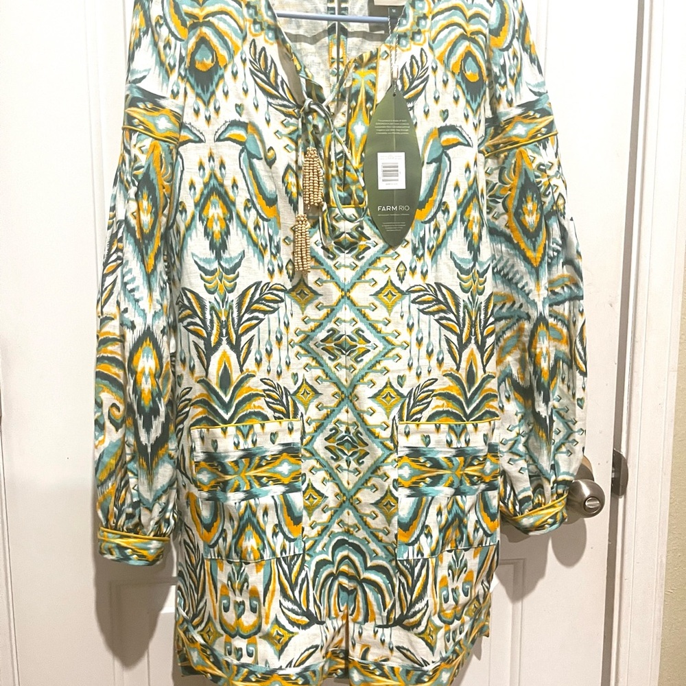 Farm Rio Green/Turquoise Boho Resort Romper Long Sleeve Tassel Tie NWT M - Picture 7 of 9